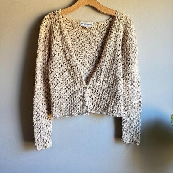Vintage Sweaters - Vintage Montana Blues Cream Crochet Deep V-Neck Cardigan Size Medium